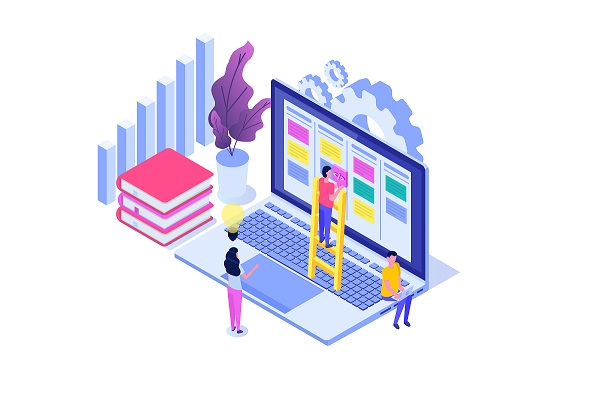 Scrum or canban task board isometric concept. Notes for agile software development. Vector illustration.